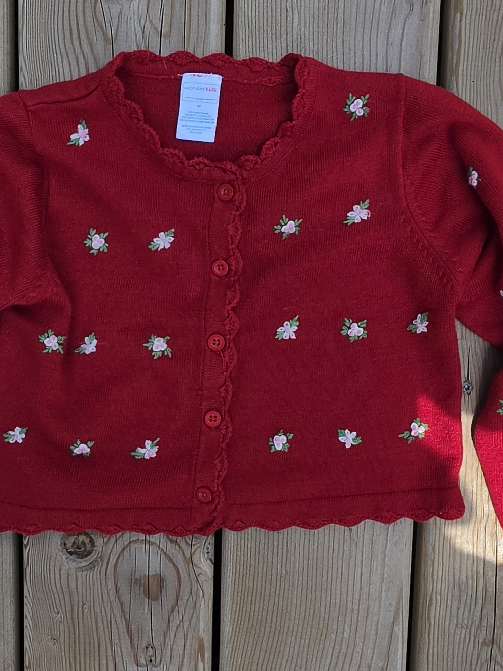 Girls Red Floral Embroidered Cardigan Sweater By WonderKids SIZE 5T 90s Vintage
